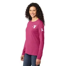 Ladies 100% Cotton Long Sleeve Tee - Sleeve Ribbon Print w/ Y Logo Selection 