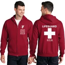 Adult Lifeguard 50/50 Zip Hood Sweat Shirt - Left Chest YMCA SF Lifeguard Logo & Lifeguard Cross Back.