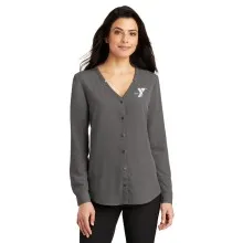 Ladies Long Sleeve Button-Front Blouse - Embroidered