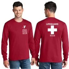 Mens Long Sleeve 100% Cotton Tee Shirt - Left Chest YMCA SF Lifeguard Logo & Lifeguard Cross Back