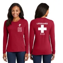 Ladies Long Sleeve 100% Cotton Tee Shirt - Left Chest YMCA SF Lifeguard Logo & Lifeguard Cross Back.